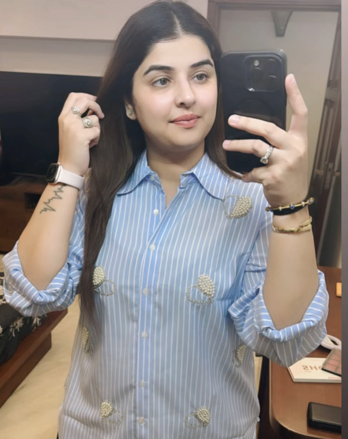 Pearls Heart Striped Shirt
