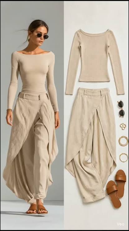 Beige Top & Draped Parachute Pants Co-ord Set
