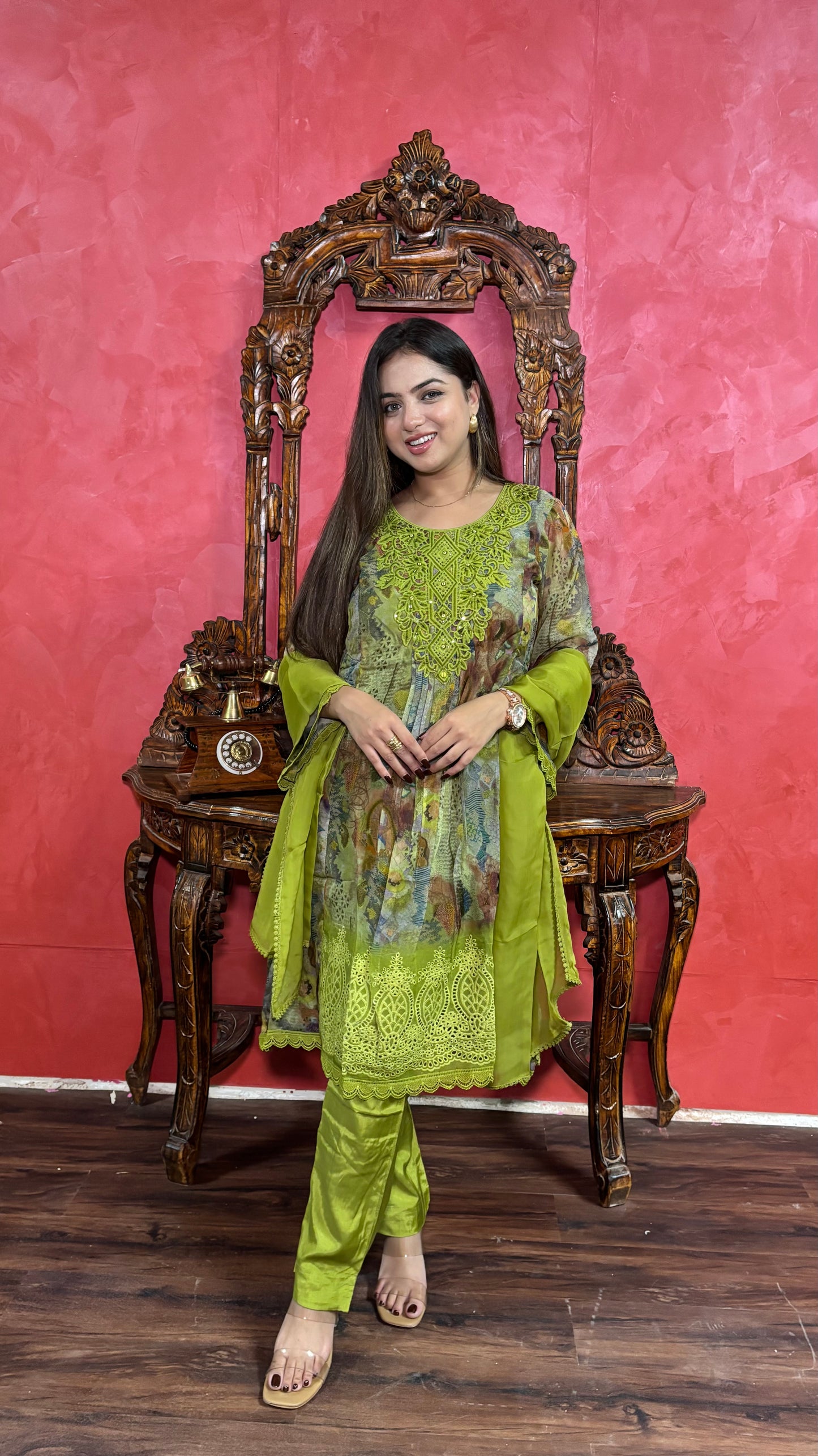 Digital Print Floral Suit with Lace