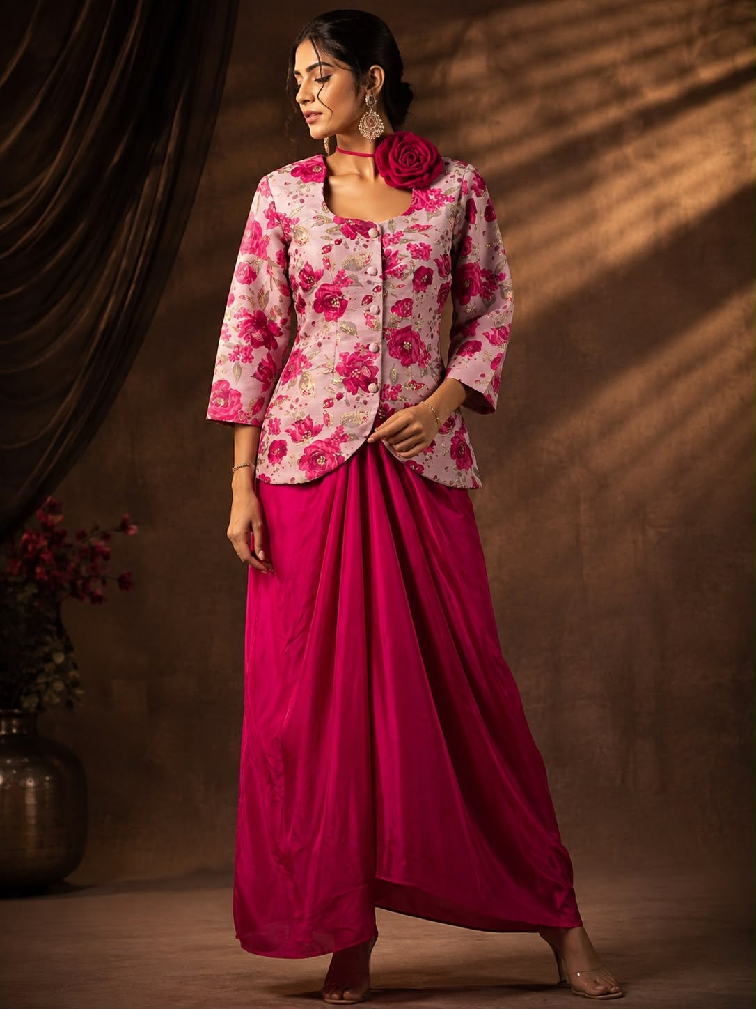 Pink Floral Print Jacket & Draped Dhoti Skirt Indo-Western Set