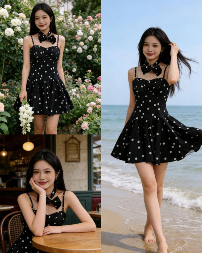 Midnight Polka Bow Dress