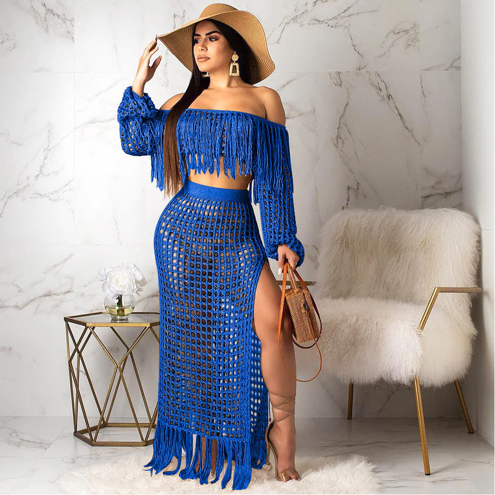 Azure Fringe Crochet Skirt Set