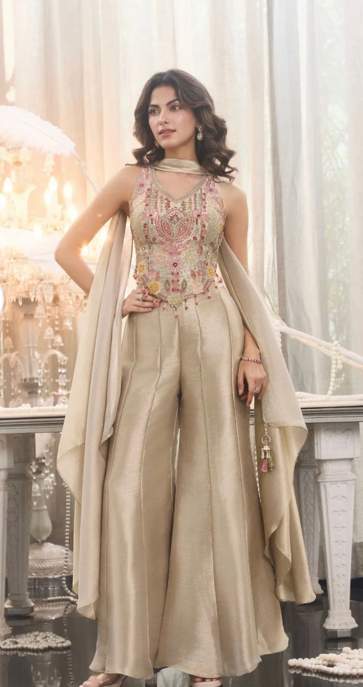 Champagne Bloom Embroidered Palazzo Co-ord Set