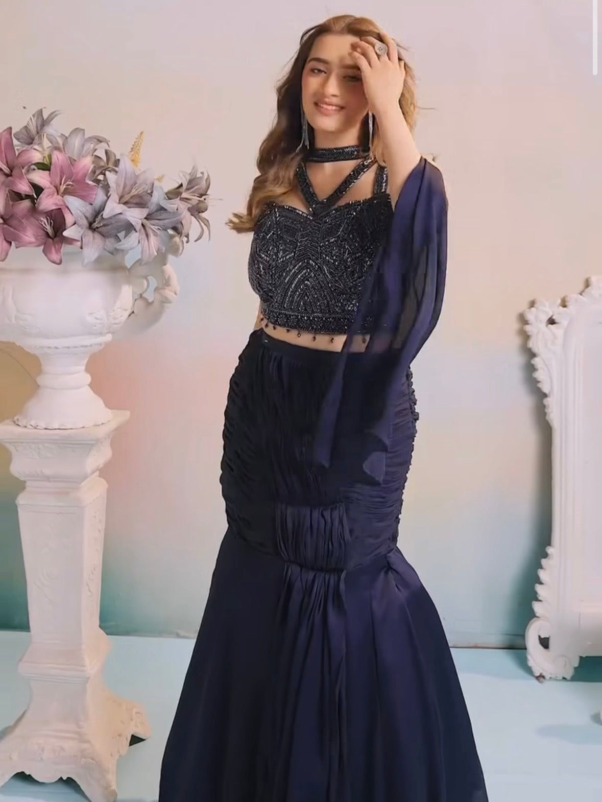 Midnight Blue Fish Cut Lehenga