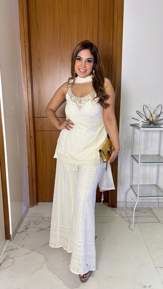 White Lakhnavi Sharara Suit(Sleeves are provided)