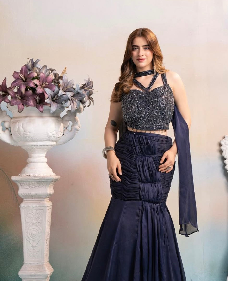 Midnight Blue Fish Cut Lehenga