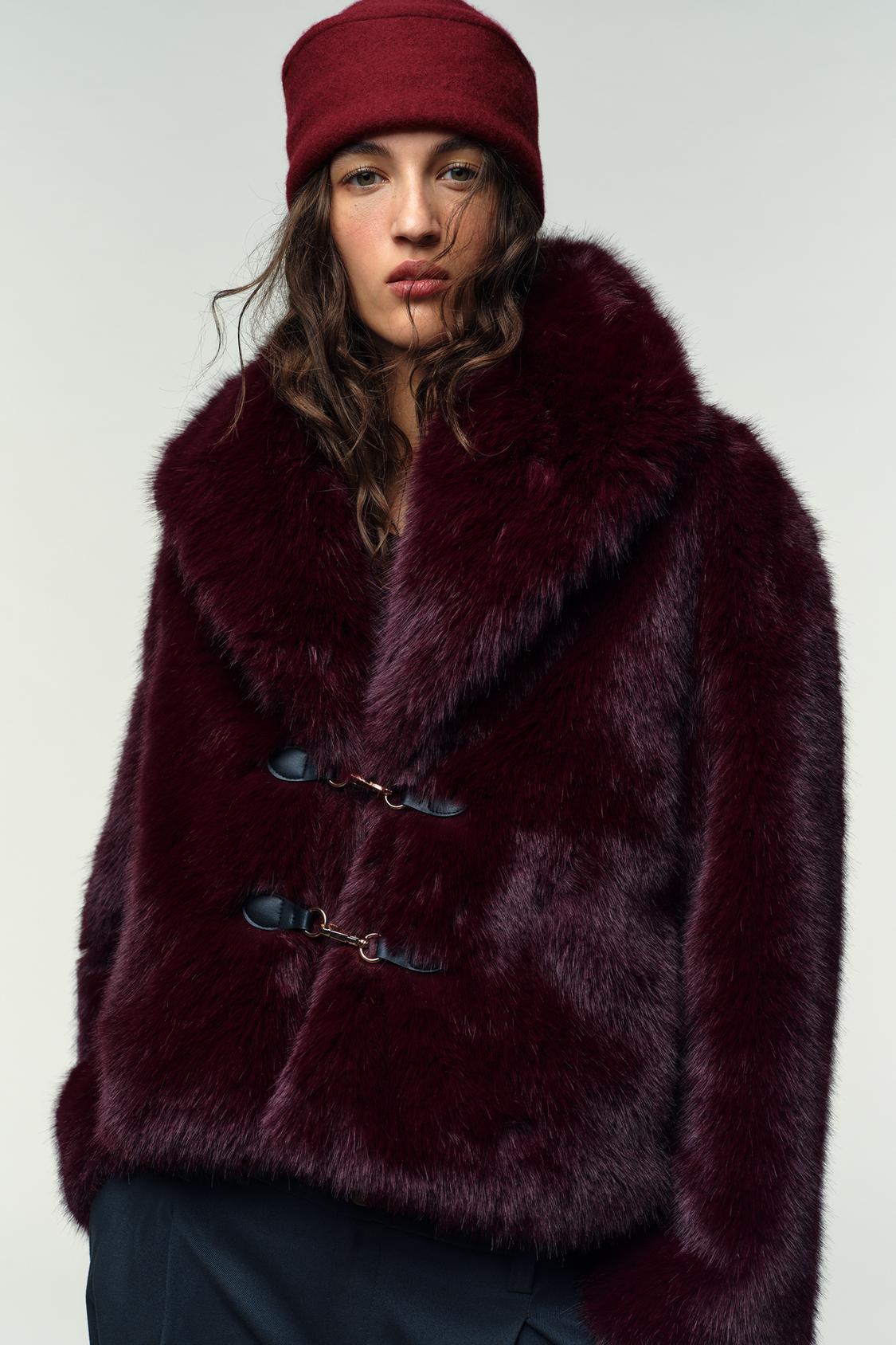 Burgundy Faux Fur Coat with fireman clasps