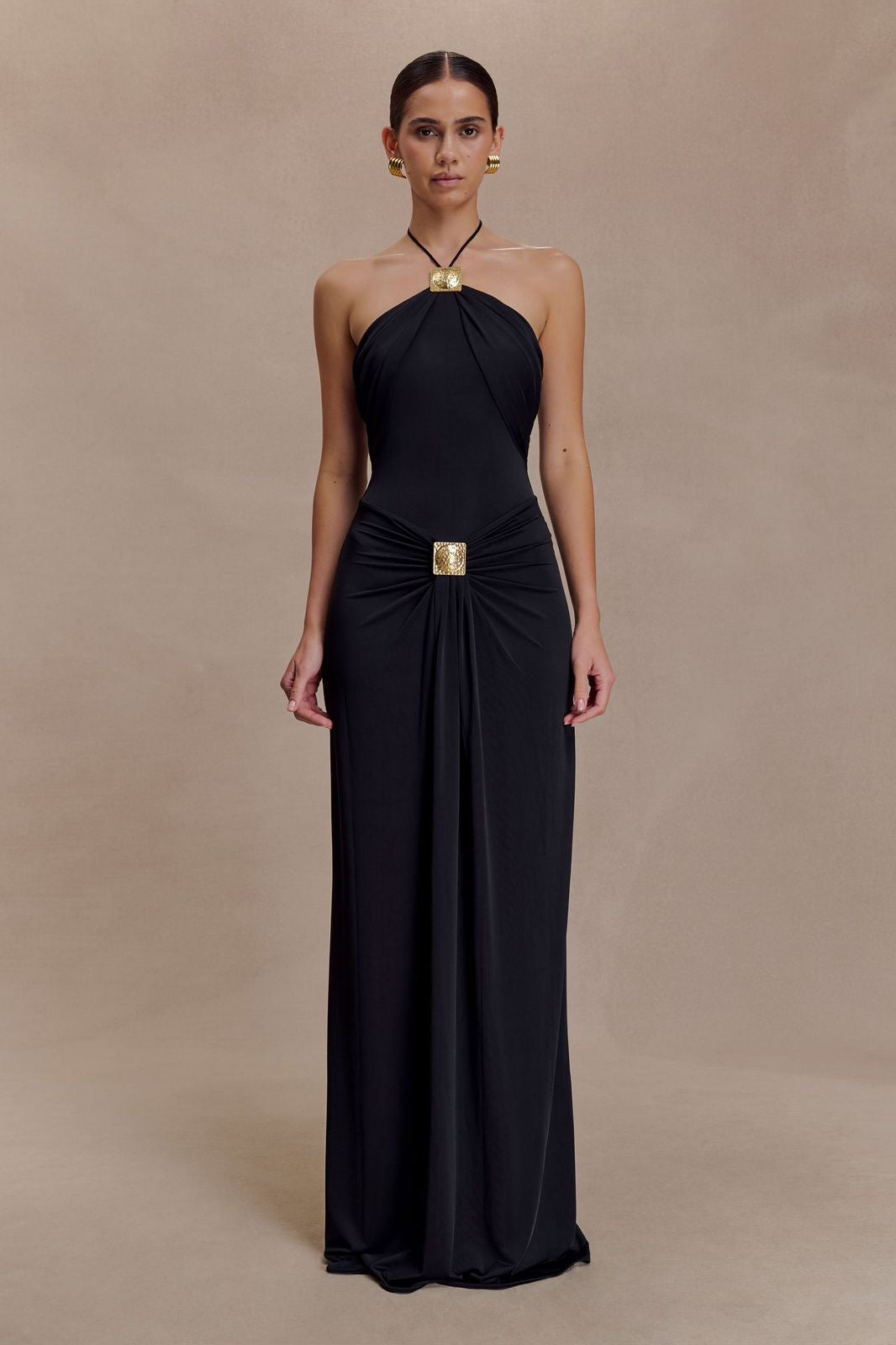 Noir Luxe Halter Maxi Dress