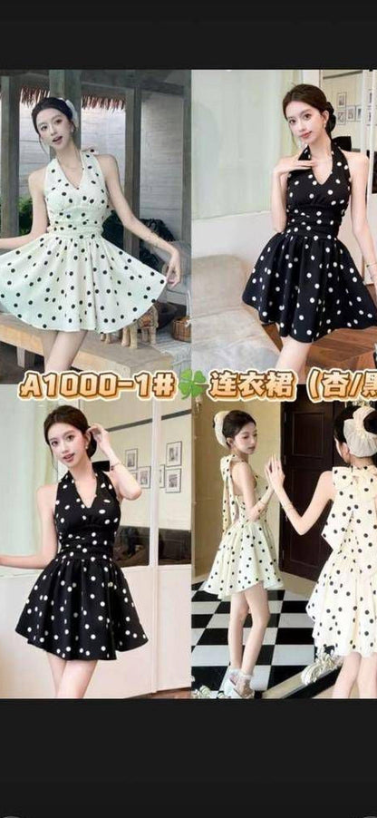 French Style Polka Dot halter neck dress