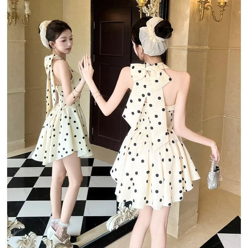 French Style Polka Dot halter neck dress
