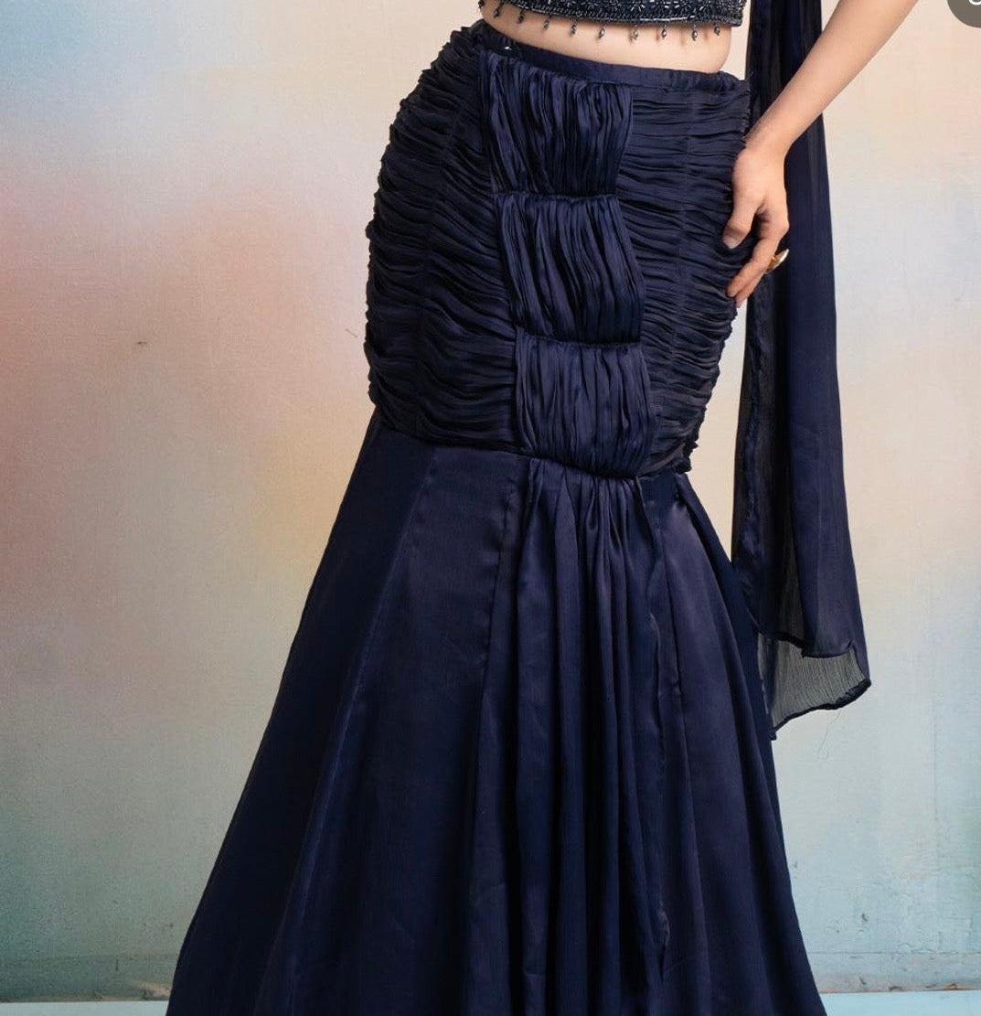 Midnight Blue Fish Cut Lehenga