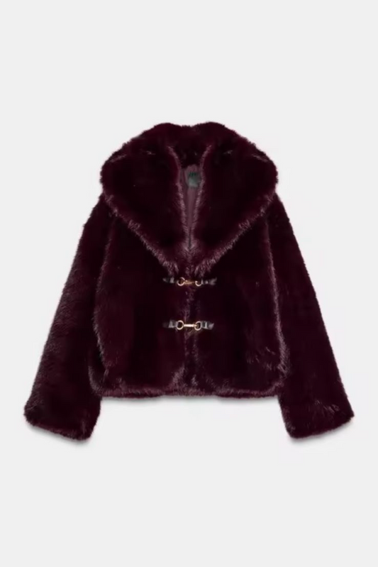 Burgundy Faux Fur Coat with fireman clasps