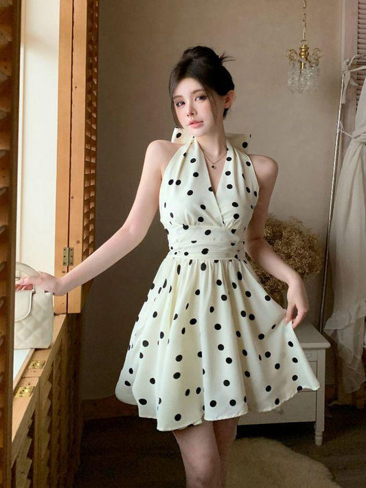 French Style Polka Dot halter neck dress