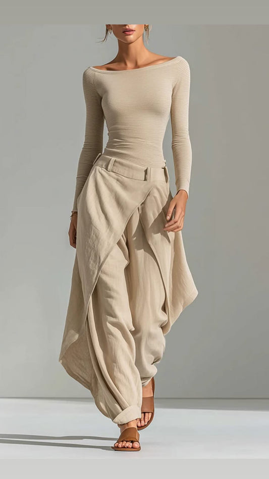 Beige Top & Draped Parachute Pants Co-ord Set