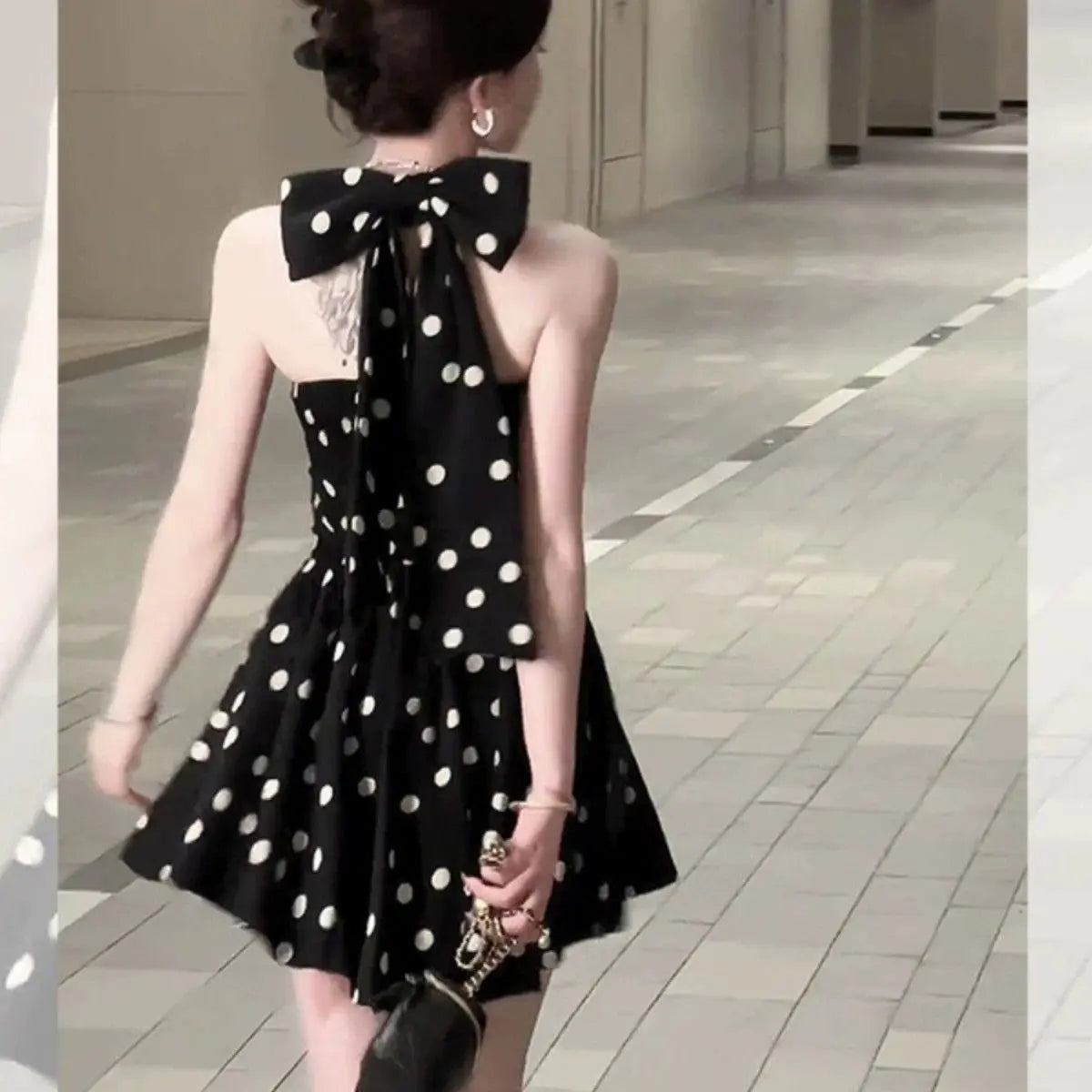 French Style Polka Dot halter neck dress