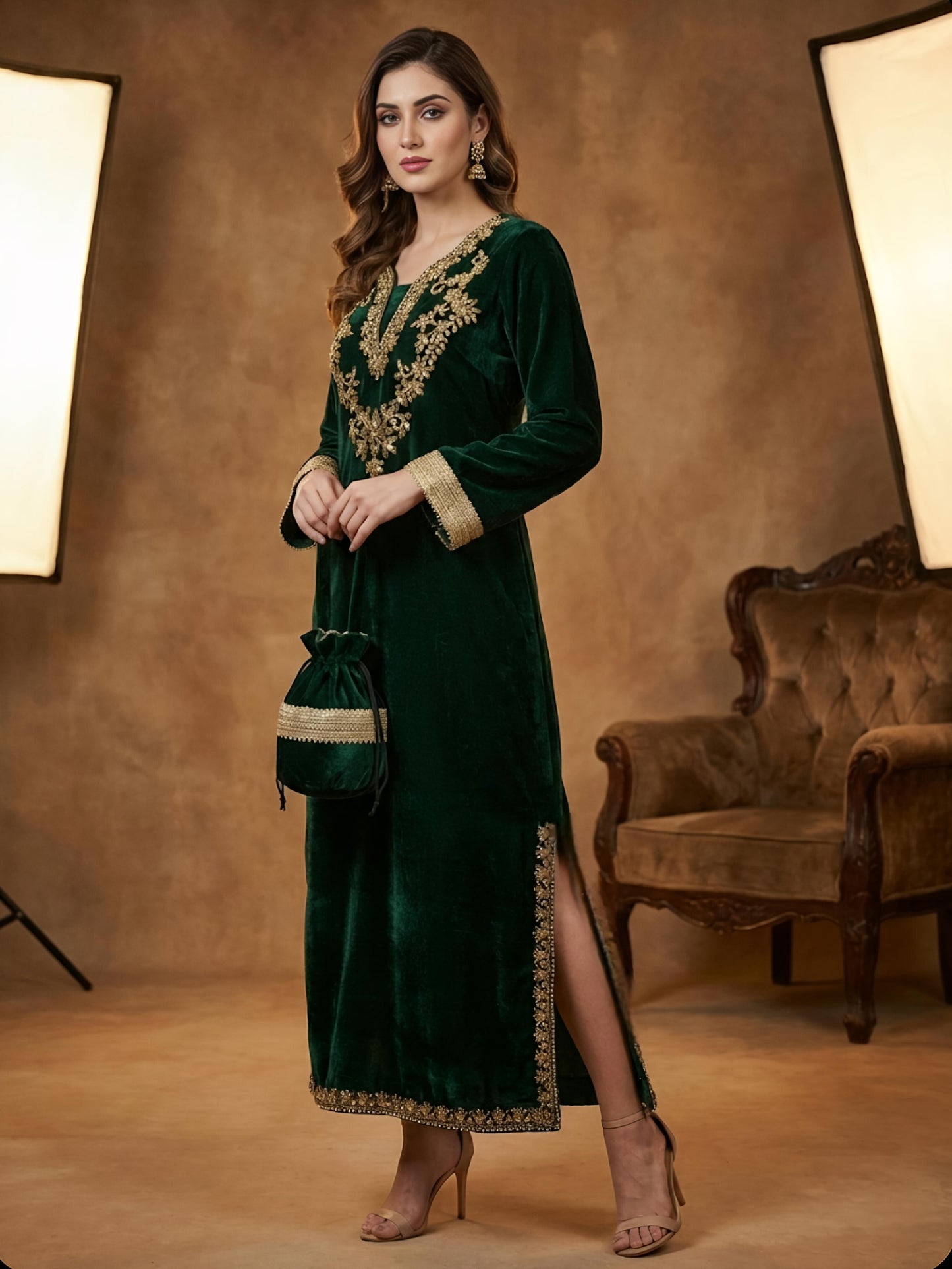 Velvet Empress Long dress with potli