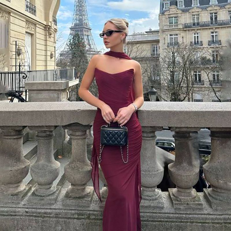 Burgundy Ruched Skirt & Top Set with scarf