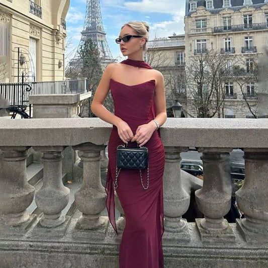 Burgundy Ruched Skirt & Top Set with scarf