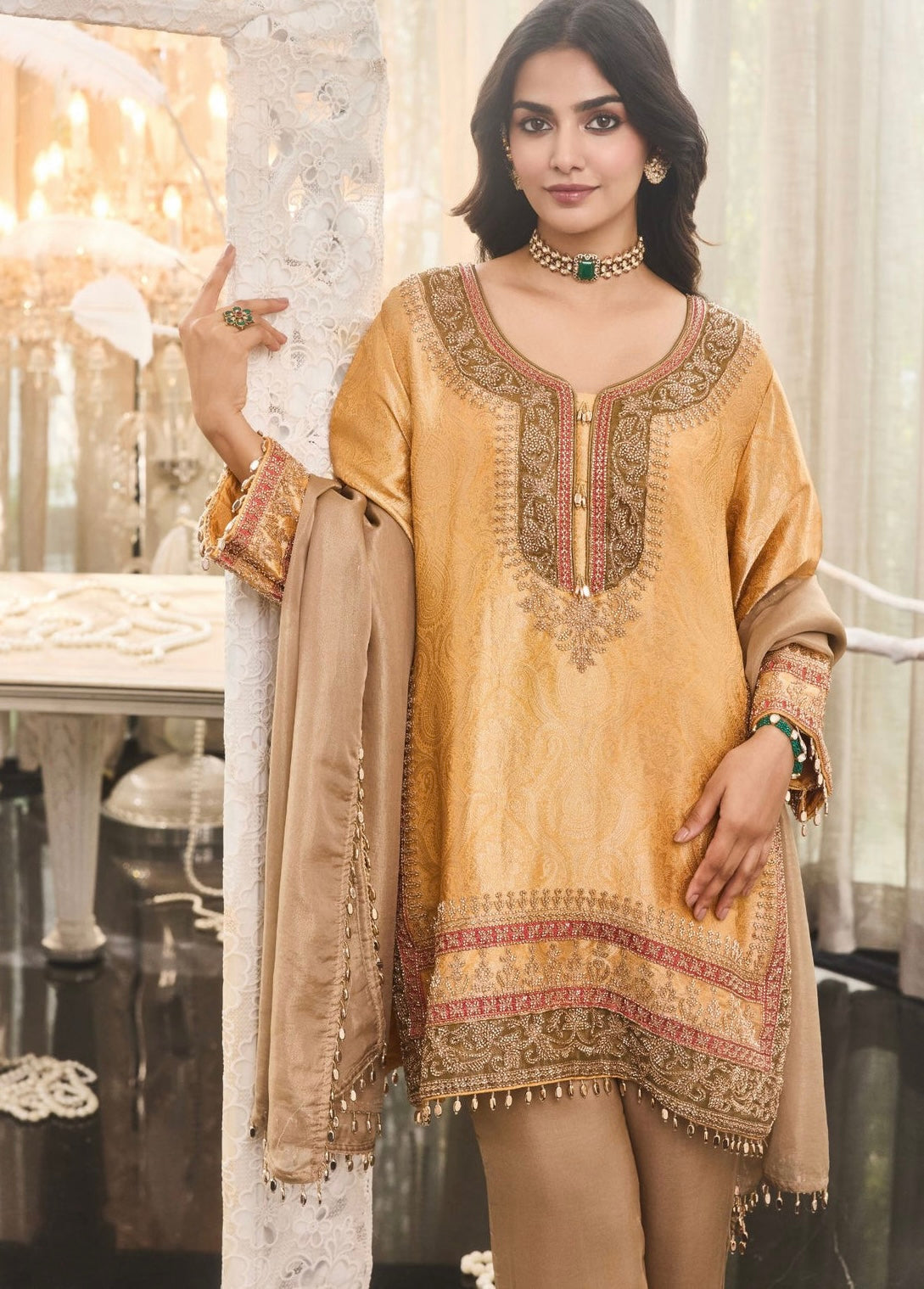 Golden Zari Embroidered Kurta Sharara Set