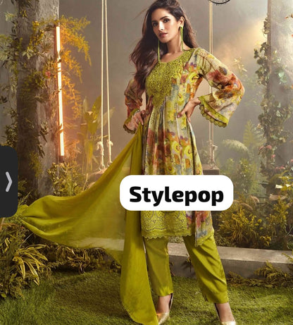 Digital Print Floral Suit with Lace