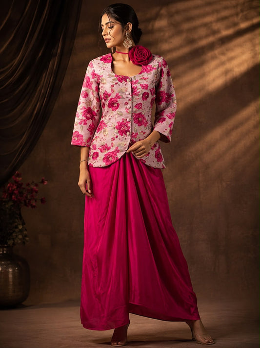 Pink Floral Print Jacket & Draped Dhoti Skirt Indo-Western Set