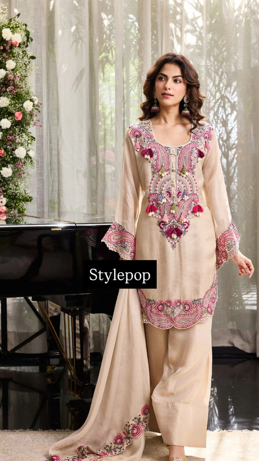 Gulnaar Ivory & Rose Embellished Suit