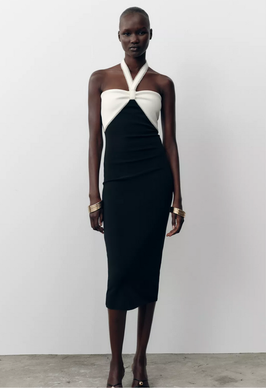Two-Tone Halter Bodycon Dress
