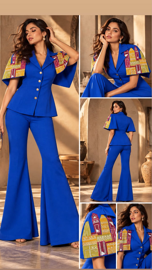 Cobalt Muse Cape-Sleeve Blazer & Flared Trouser Set