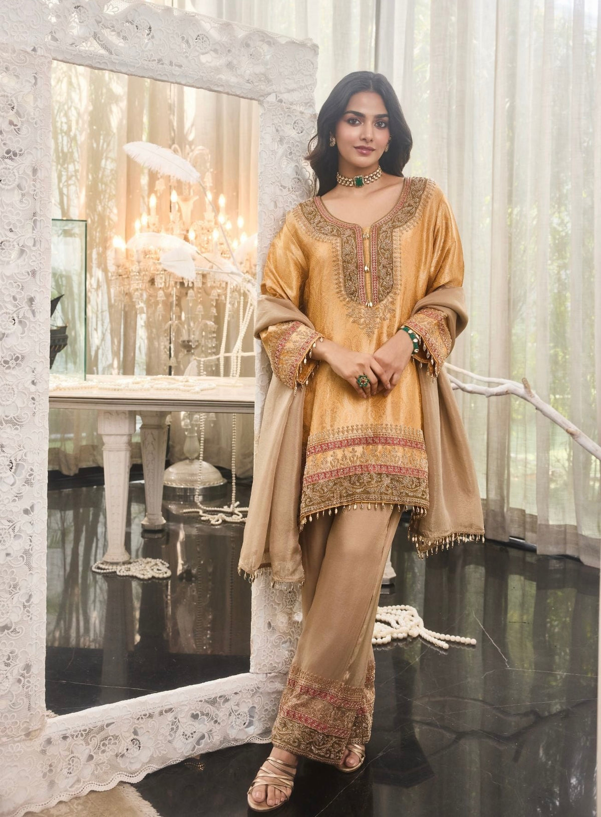 Golden Zari Embroidered Kurta Sharara Set