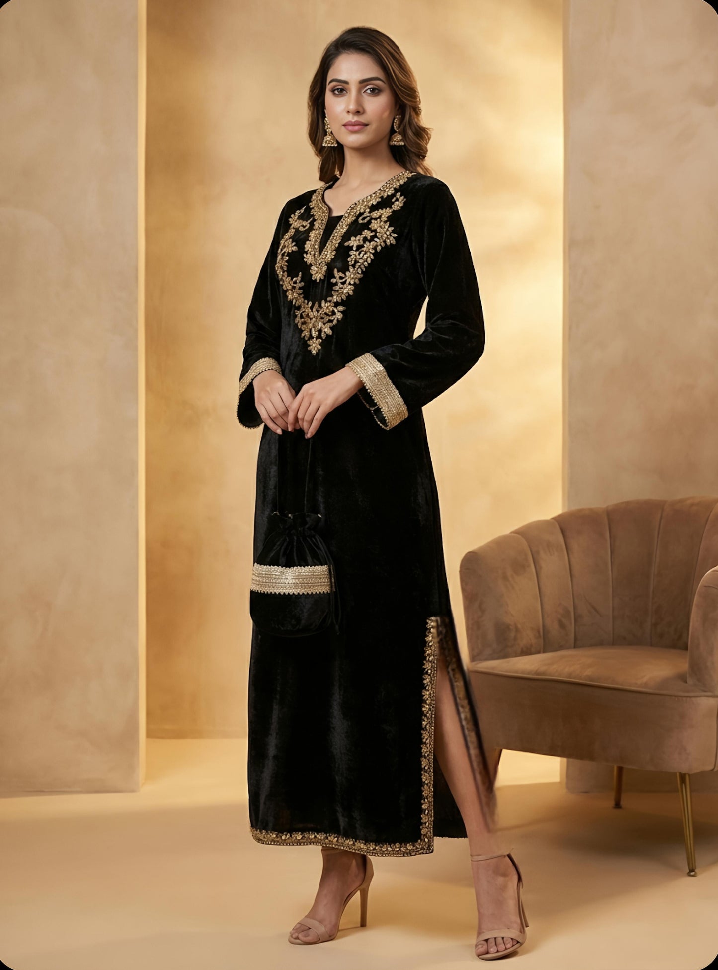 Velvet Empress Long dress with potli