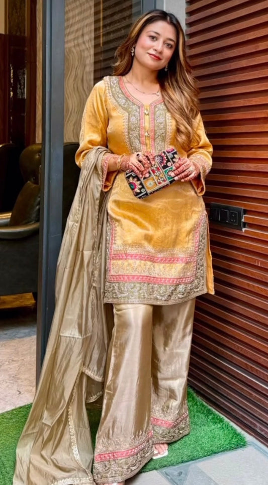 Golden Zari Embroidered Kurta Sharara Set