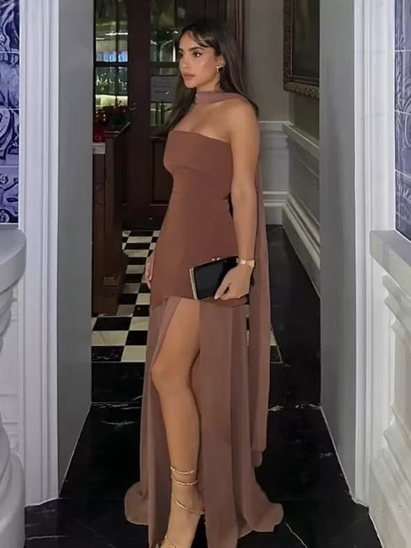 Scarlet brown bodycon dress with Sheer  scarf