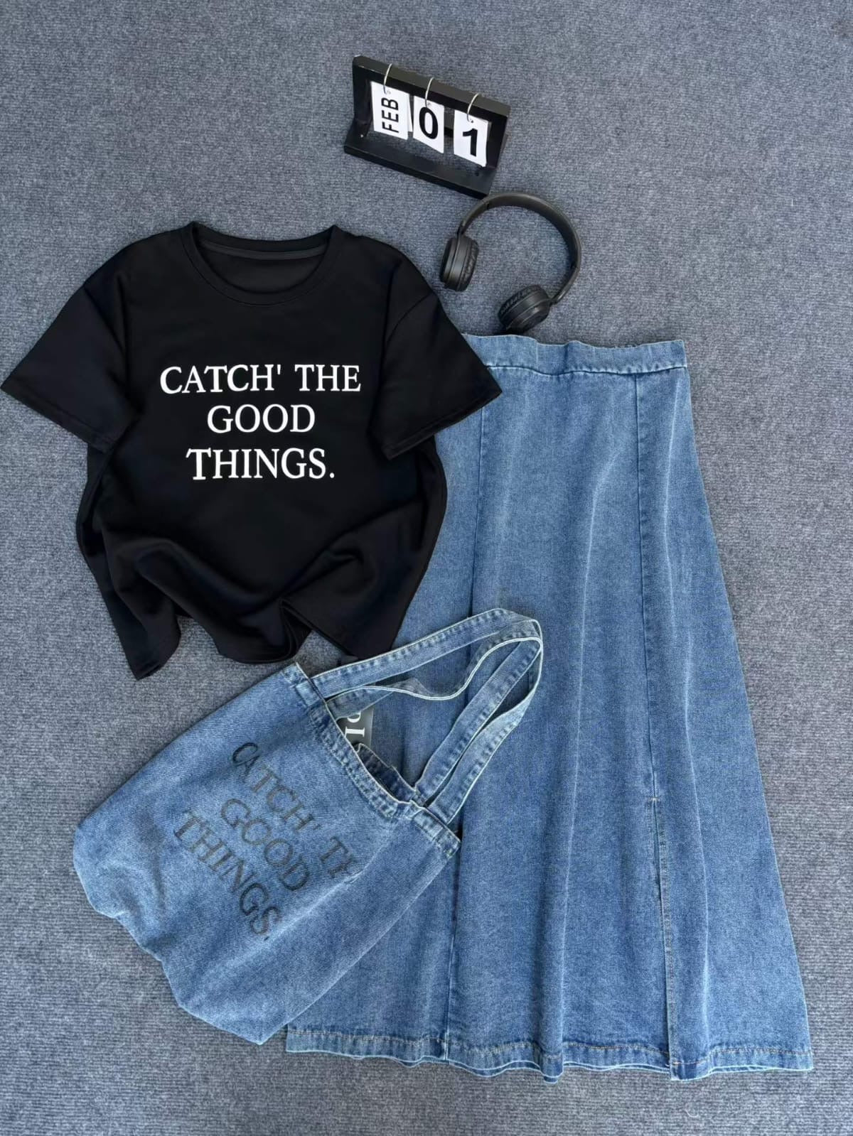 Everyday Bliss Denim Skirt Set with bag