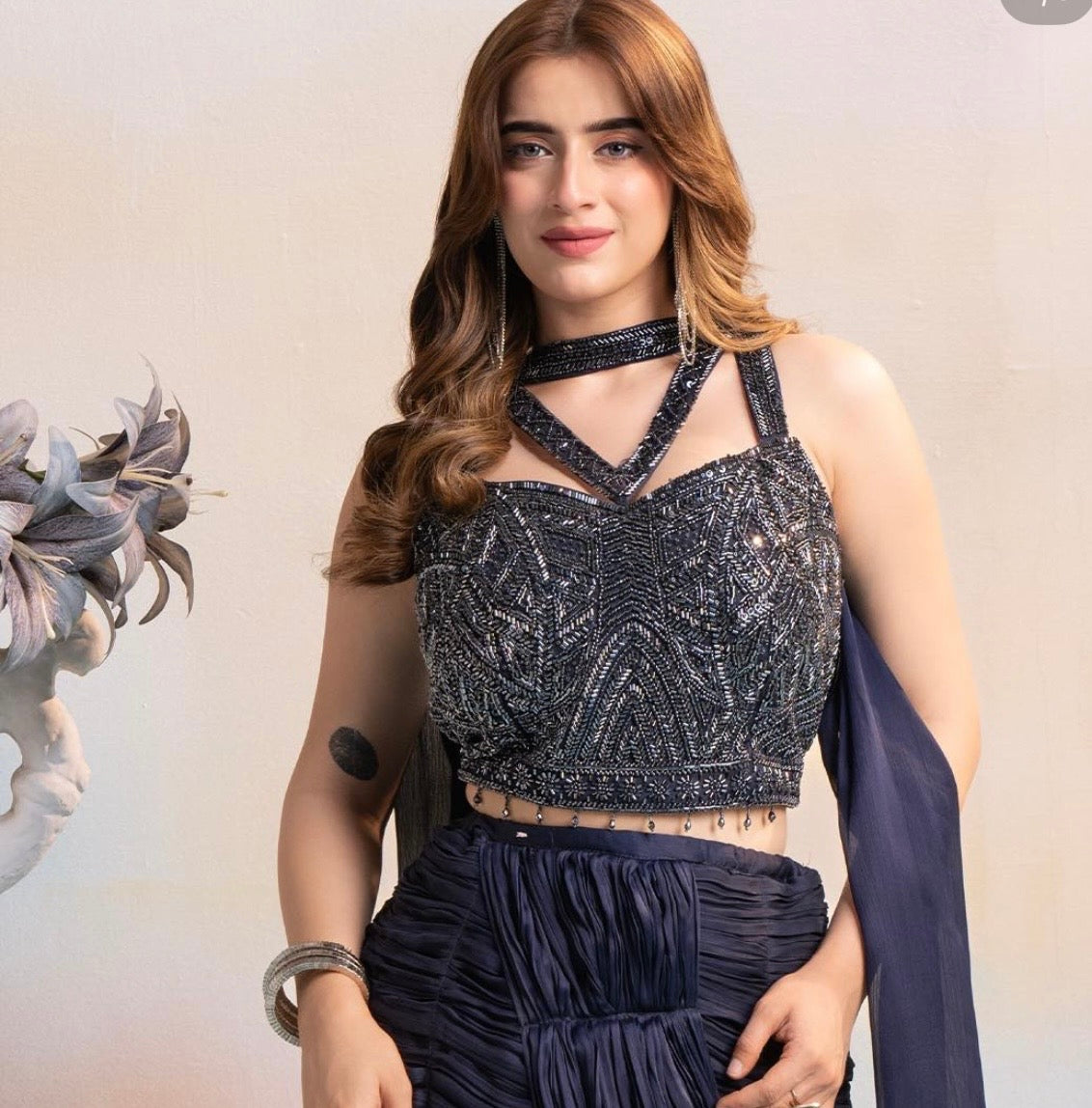 Midnight Blue Fish Cut Lehenga