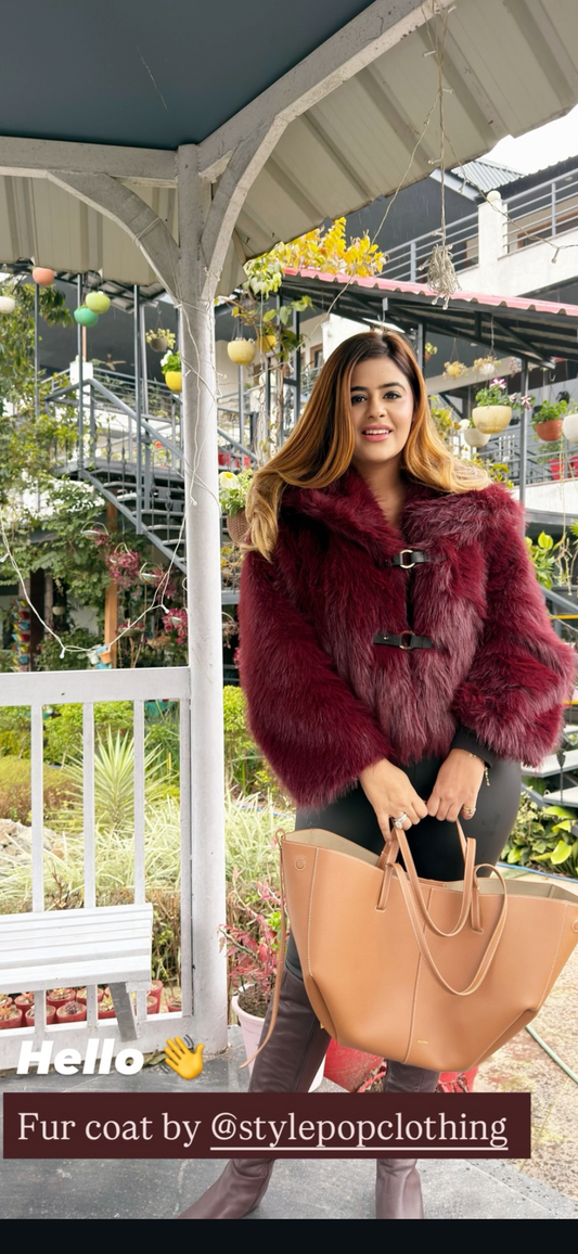 Burgundy Faux Fur Coat with fireman clasps