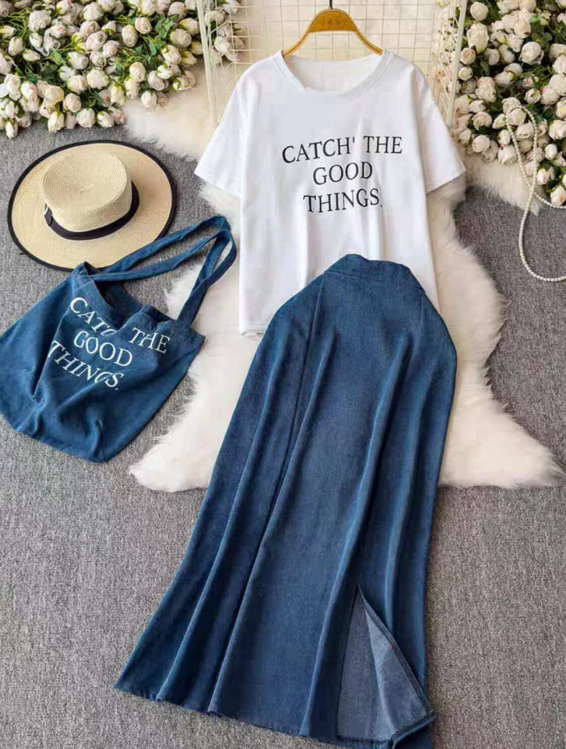 Everyday Bliss Denim Skirt Set with bag