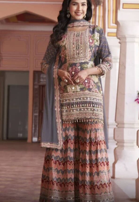 Elegant Floral Embroidered Sharara Suit